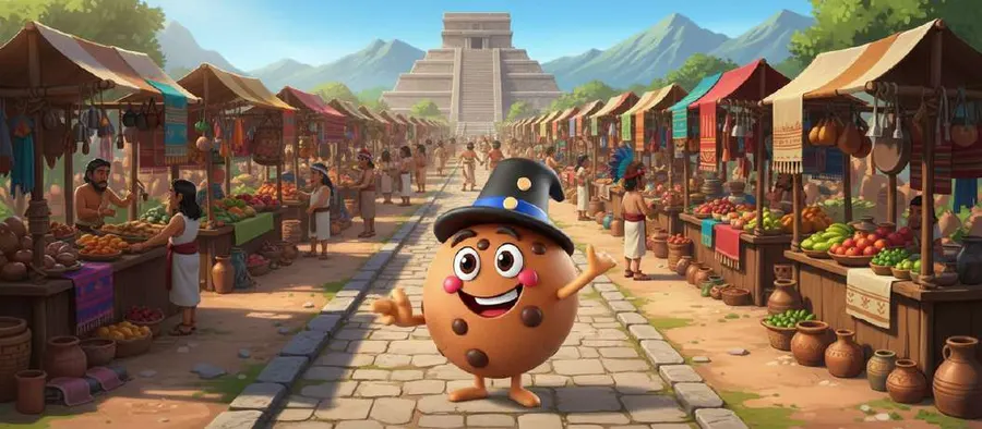Un personaje con forma de galleta camina por un mercado de puestos de comida y cerámica, con una pirámide al fondo