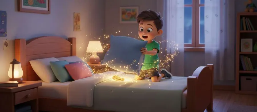 Un niño levanta la almohada de su cama y descubre una entrada dorada que desprende chispas de luz