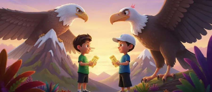 Dos niños se miran entre montañas mientras un águila y un cóndor gigantes despliegan las alas a ambos lados del atardecer