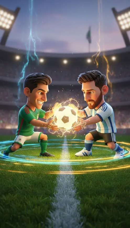Dos futbolistas, uno de verde y otro a rayas celestes y blancas, chocan sobre el círculo central con el balón envuelto en llamas doradas