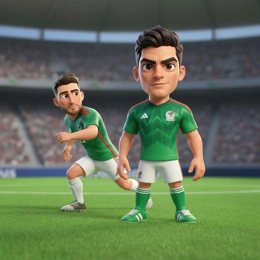 Dos futbolistas con la camiseta verde de México se plantan firmes sobre el césped de un estadio lleno