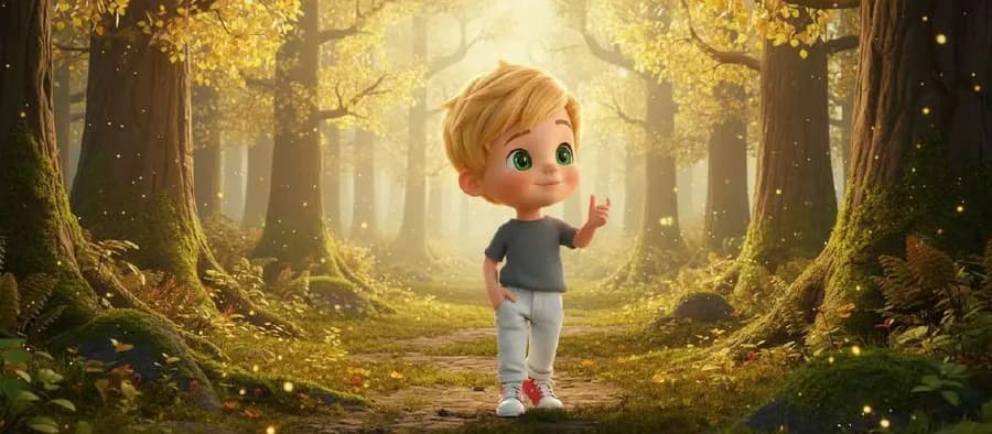Un niño rubio se detiene en un sendero del bosque bañado por una luz dorada que atraviesa los árboles
