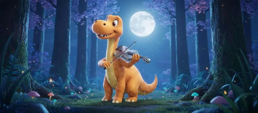 Una dinosauria naranja toca el violín en un claro del bosque de noche, bajo una luna llena enorme