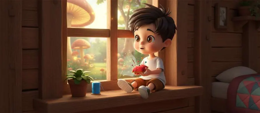 Un niño sentado en el alféizar de una ventana de madera cose una tela mientras fuera crece un jardín