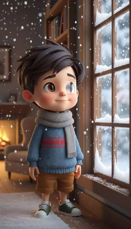 Un niño con jersey y bufanda mira caer la nieve al otro lado de una ventana, con la chimenea encendida a su espalda