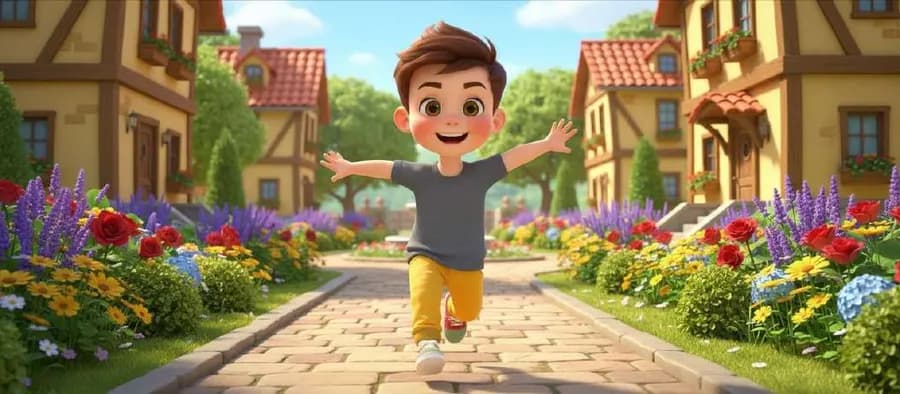 Manu corre con los brazos abiertos por un camino empedrado entre casas y macizos de flores de colores