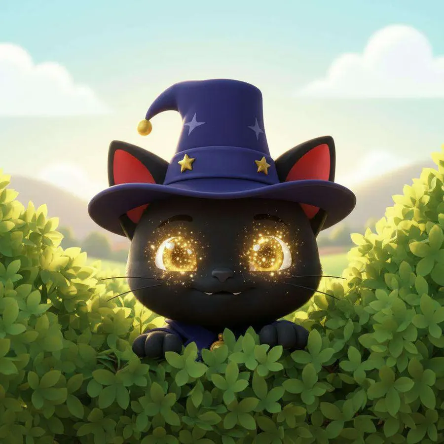 Un gato negro con un sombrero puntiagudo de mago y los ojos dorados brillantes asoma entre unos arbustos