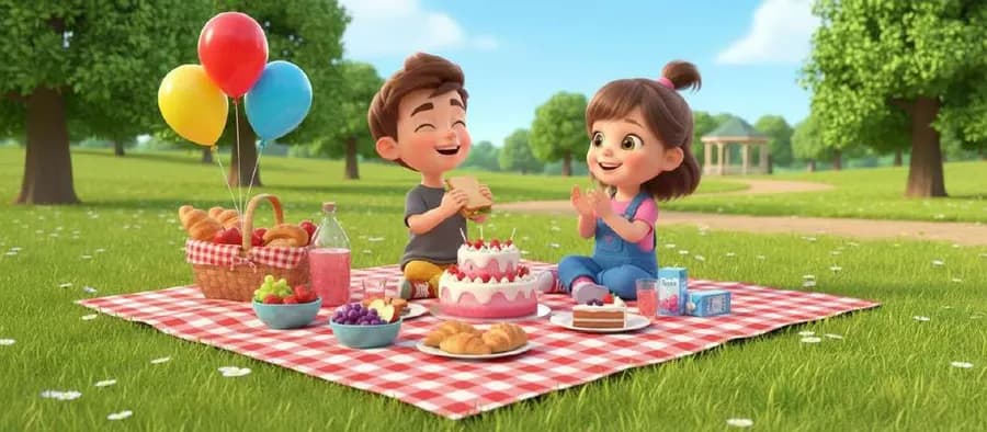 Dos niños meriendan sentados sobre un mantel de cuadros en el césped del parque, con globos, una cesta y una tarta