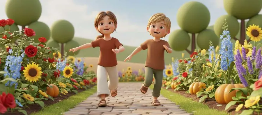 Ana y Pablo corren sonrientes por un camino de piedra entre girasoles, rosas y calabazas del huerto de la abuela