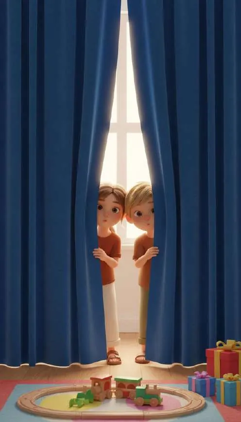 Ana y Pablo asoman la cabeza entre unas cortinas azules, escondidos para esperar al Ratoncito Pérez