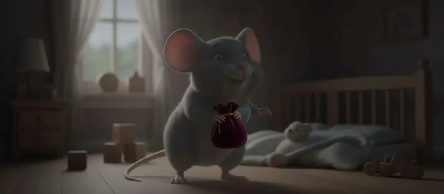 El Ratoncito Pérez, con una bolsita en la mano, sonríe en la penumbra de la habitación junto a la cama de los niños