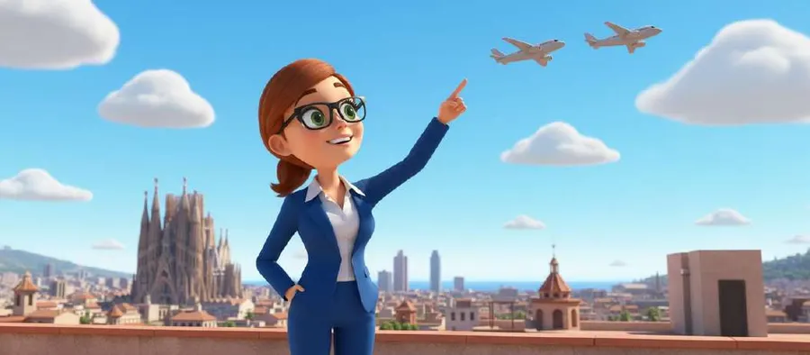 Una joven con gafas y traje azul señala dos aviones que cruzan el cielo sobre los tejados de Barcelona, con la Sagrada Familia al fondo