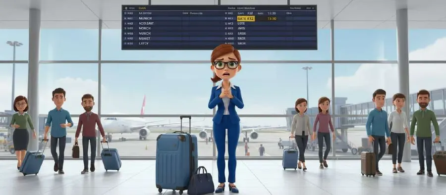 Una joven con una maleta espera sola en la terminal de un aeropuerto bajo el panel de vuelos, mientras otros viajeros pasan a su alrededor