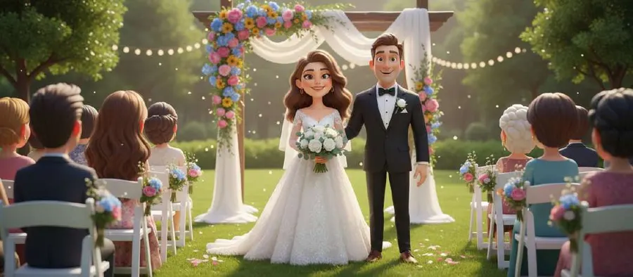 Marta y Daniel, recién casados, posan bajo un arco de flores ante los invitados sentados en el jardín