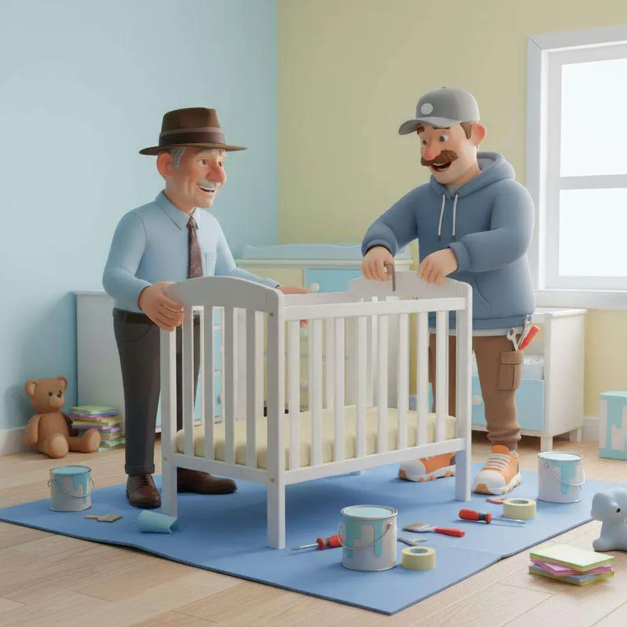 El padre de Marta y Daniel montan juntos la cuna blanca en la habitación del bebé, entre botes de pintura