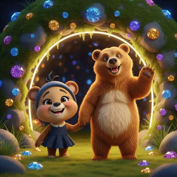 Una osita con gorro azul da la mano a un oso grande delante de un arco de piedra iluminado y cubierto de cristales de colores
