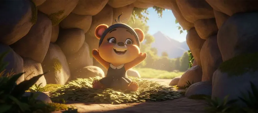 Una osita se despereza sonriente en la boca de su cueva al amanecer, con el bosque y las montañas iluminados al fondo