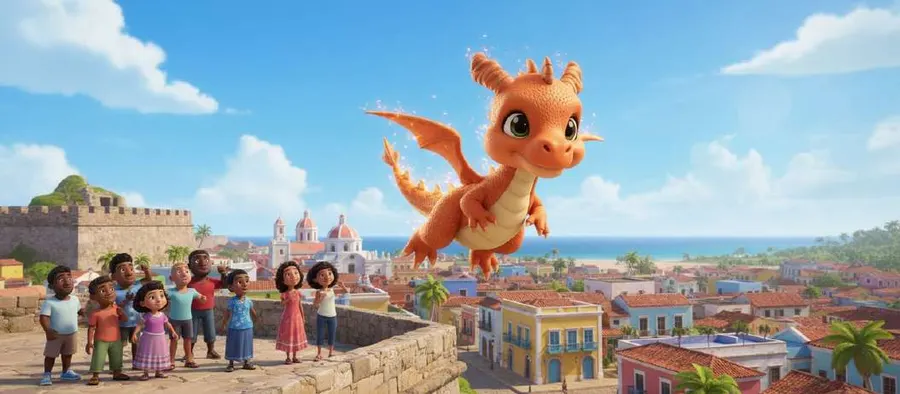 Un dragón naranja vuela sonriente sobre las murallas de Cartagena mientras un grupo de niños lo mira desde abajo, con el mar y las casas de colores al fondo
