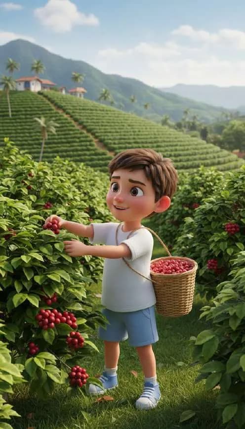 Un niño con una canasta al hombro recoge cerezas rojas de una mata de café, con las laderas verdes del cafetal y una casa blanca al fondo
