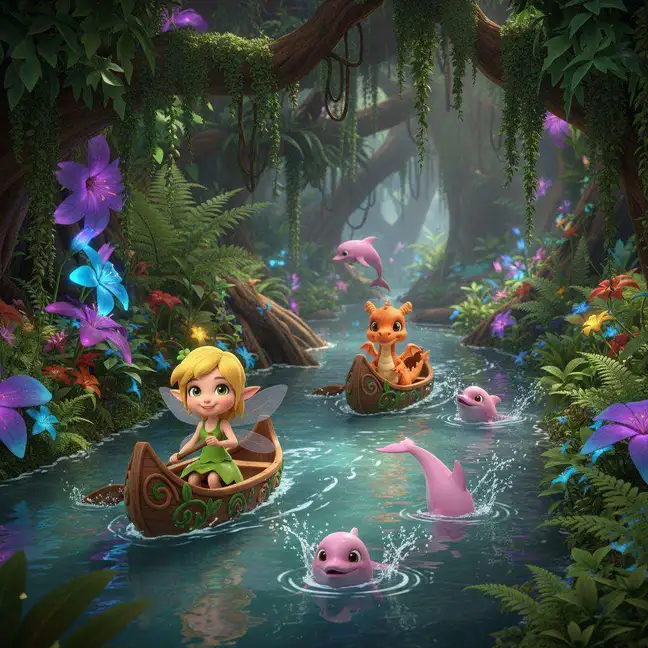 Dos canoas de madera navegan por un caño de la selva entre delfines rosados que saltan, rodeadas de flores luminosas y mariposas azules