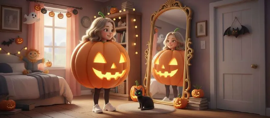 Una niña disfrazada de calabaza sonriente se mira en un espejo dorado de su habitación, decorada con guirnaldas de calabazas, junto a un gato negro