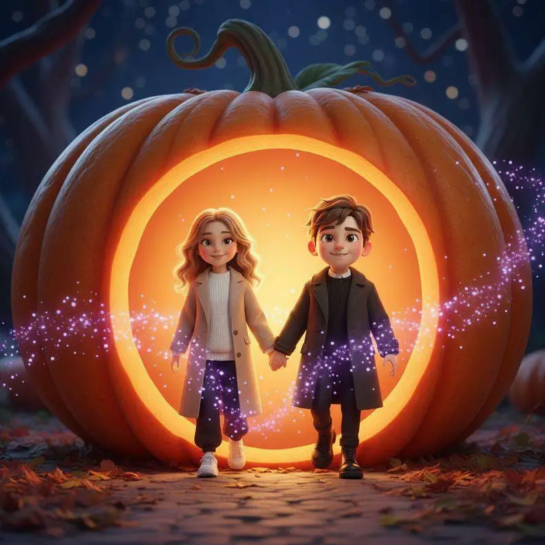Una niña y un niño cogidos de la mano salen por una puerta redonda de luz naranja abierta en una calabaza gigante, envueltos en chispas violetas