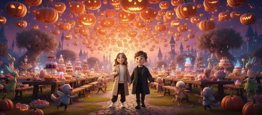 Dos niños caminan entre largas mesas de pasteles y dulces bajo un cielo lleno de calabazas iluminadas que flotan, rodeados de pequeñas criaturas que bailan