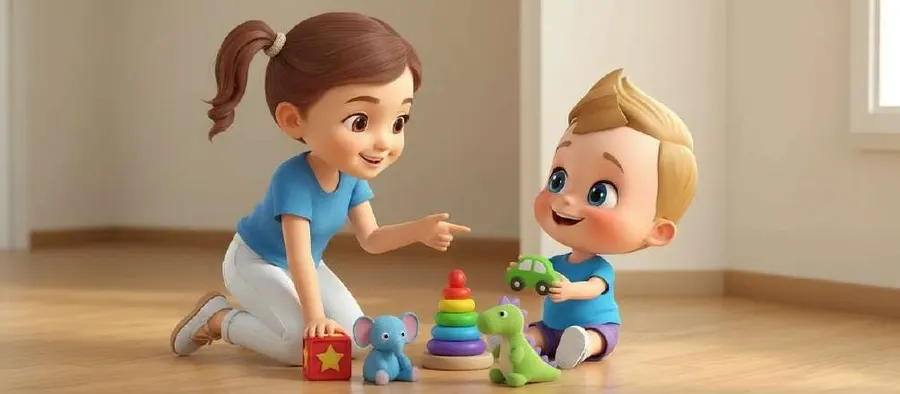 Bea, de rodillas en el suelo del salón, señala unos juguetes de colores a su hermano pequeño