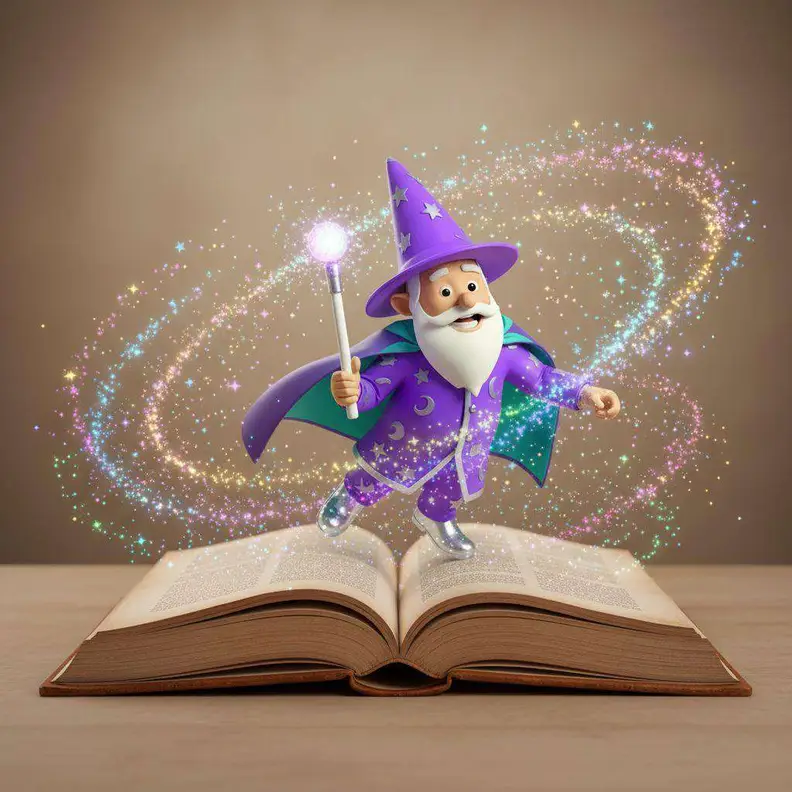 El Mago Crea Cuentos sale de un libro abierto envuelto en una espiral de chispas de colores