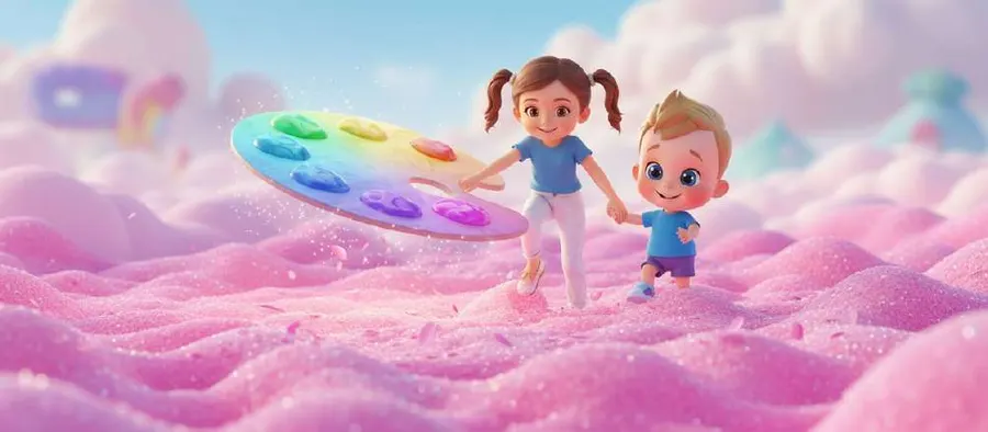 Bea y Nico corren de la mano por un terreno rosa y esponjoso mientras la paleta mágica flota a su lado