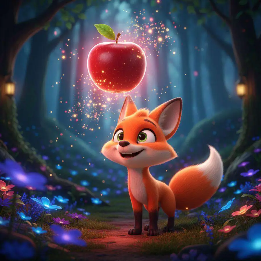 Un zorro naranja mira hacia arriba una manzana roja que flota rodeada de destellos en un bosque azulado