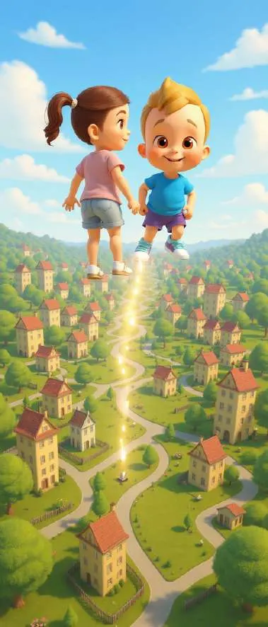 Bea y Nico vuelan sobre un pueblo de casas con tejados rojos dejando una estela de luz