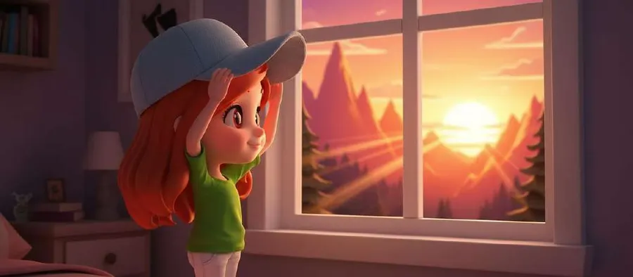 Lola, con su gorra azul, mira por la ventana cómo el sol se esconde detrás de las montañas