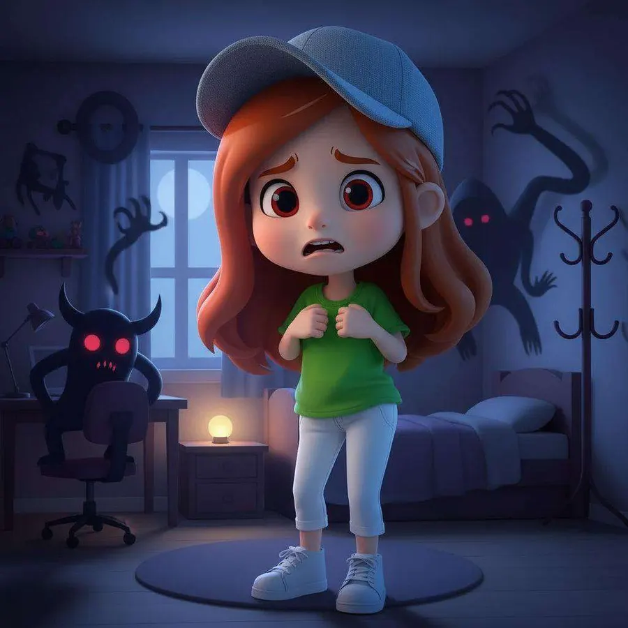 Lola, asustada en su habitación a oscuras, rodeada de sombras que parecen monstruos