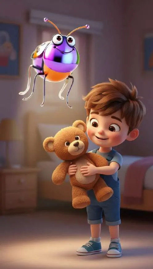 Tom abraza a su osito Coco mientras la luciérnaga Buggy flota a su lado iluminando la habitación a oscuras