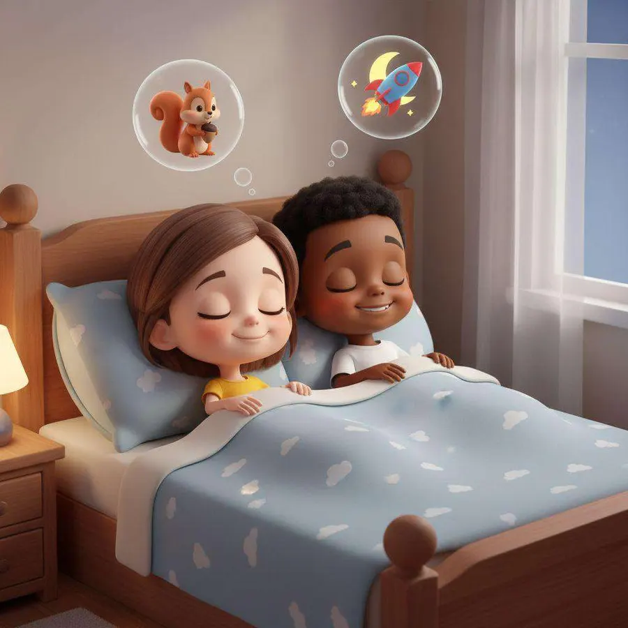 Dos niños duermen tranquilos en la cama, con burbujas de sueños flotando sobre ellos