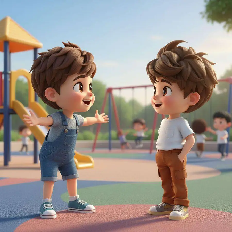 Dos niños charlan de frente en el patio del recreo, junto al tobogán y los columpios