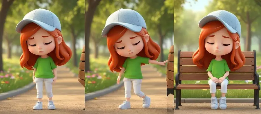 Una niña con gorra azul camina despacio por el parque y se sienta en un banco de madera