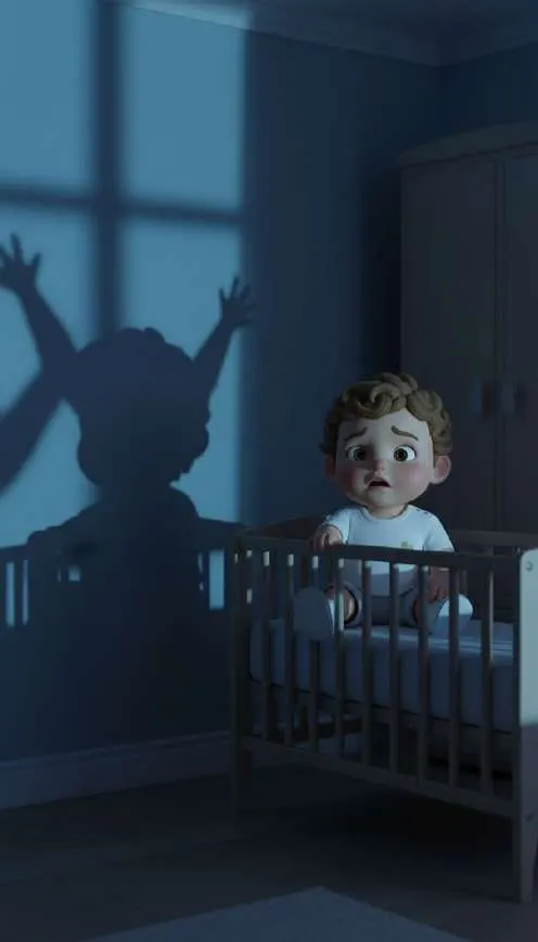 Un niño de pie en su cuna, asustado, mientras en la pared del cuarto a oscuras se proyecta una sombra enorme con los brazos levantados