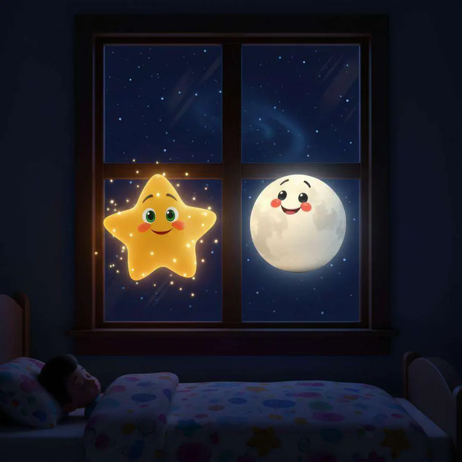 Una estrella amarilla sonriente y una luna llena con cara asoman juntas por la ventana de un cuarto a oscuras, sobre una cama vacía