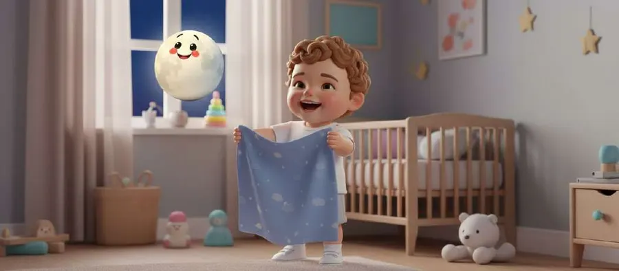 Un niño en pijama sujeta en alto una manta azul con estrellas como si fuera una capa, junto a su cuna y con una luna sonriente en la ventana