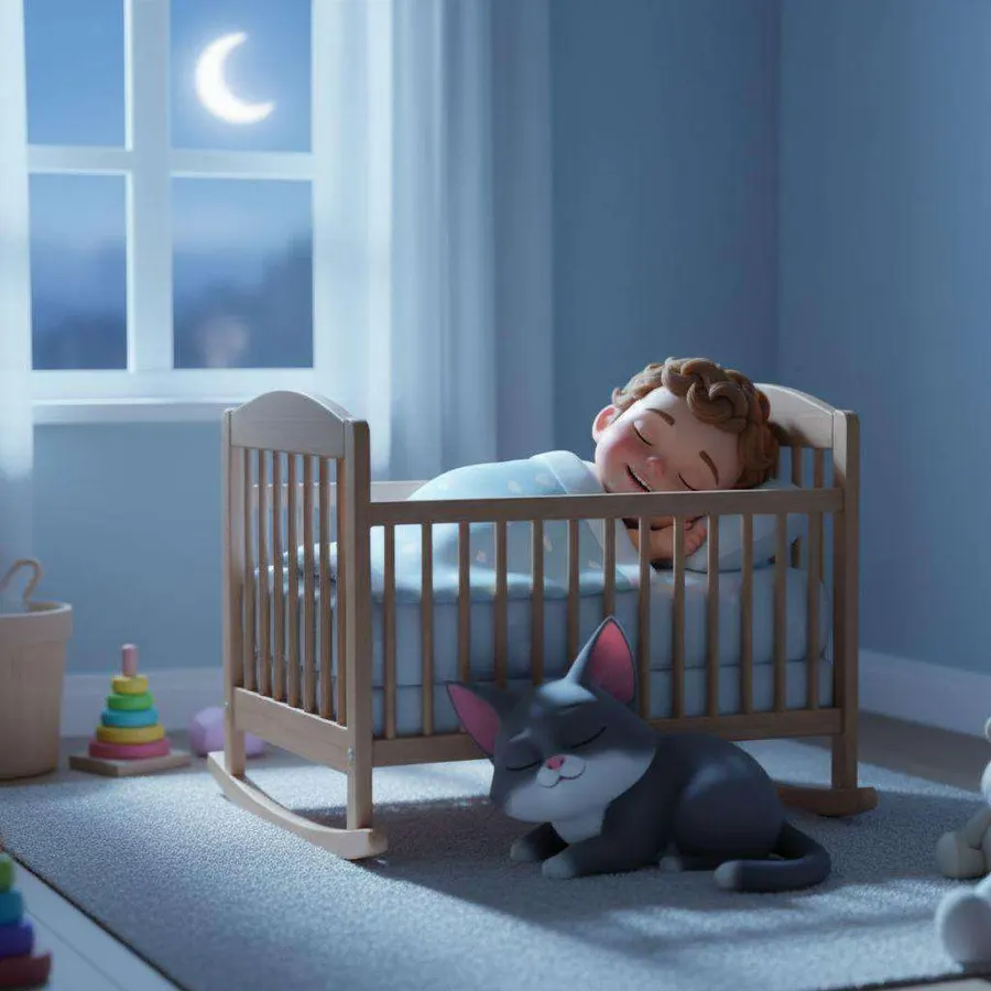 Un niño duerme plácidamente en su cuna con la luna asomando por la ventana y un gato gris dormido en la alfombra a los pies