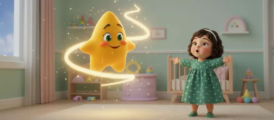 Una estrella amarilla sonriente entra girando en un cuarto infantil dejando una estela de luz, ante una niña que la mira con la boca abierta