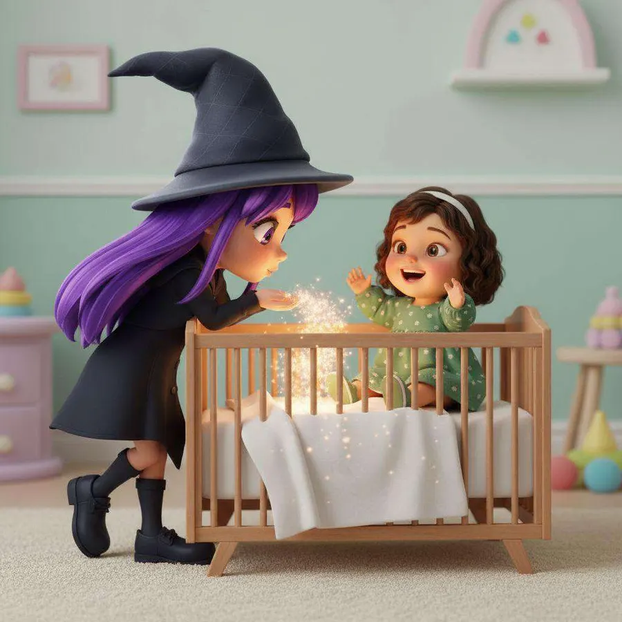 Una brujita de pelo morado y sombrero puntiagudo sopla un polvo brillante sobre la cama de una niña, que la mira sentada y sonriente