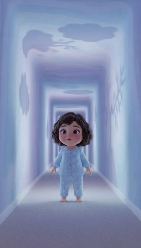 Una niña en pijama, pequeñita, de pie en mitad de un pasillo azulado e interminable que se repite como un túnel
