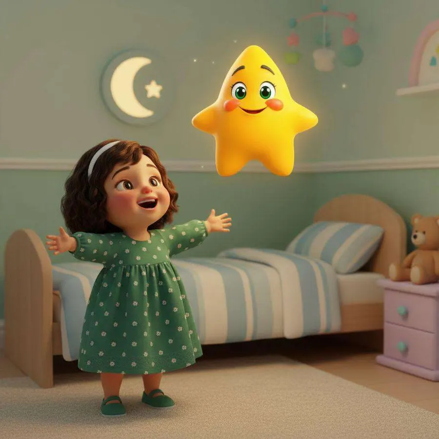 Una niña abre los brazos contenta junto a su cama mientras una estrella sonriente flota sobre ella y una luna decora la pared