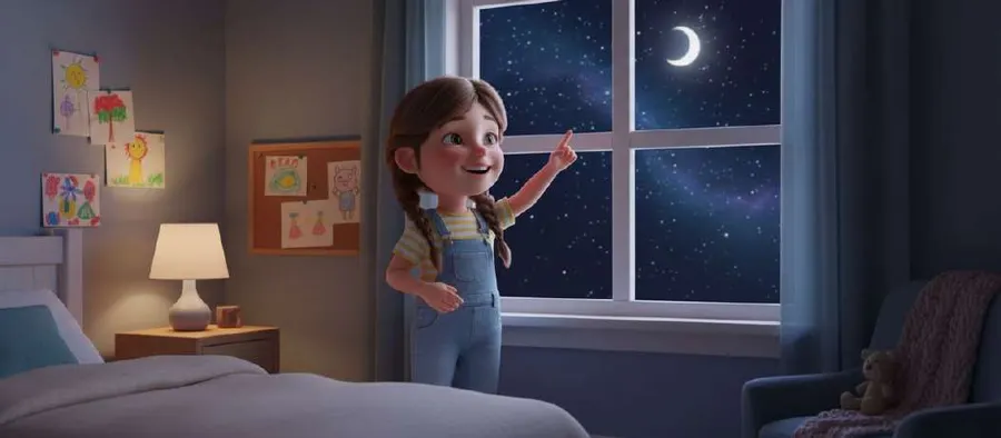 Carmen, con peto vaquero y trenzas, señala desde la ventana de su cuarto el cielo estrellado con la luna