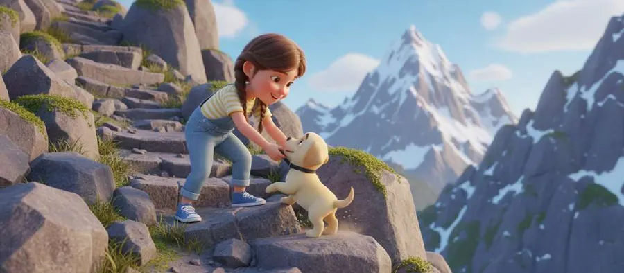 Carmen sube por un sendero de rocas y ayuda a Jazz, su perro, con una montaña nevada al fondo