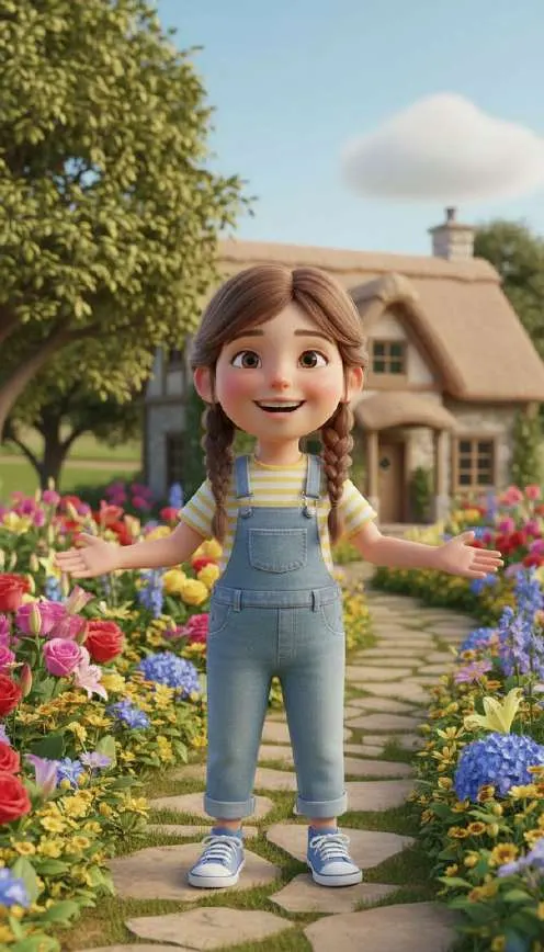 Carmen sonríe con los brazos abiertos en el camino de flores del jardín, delante de su casa