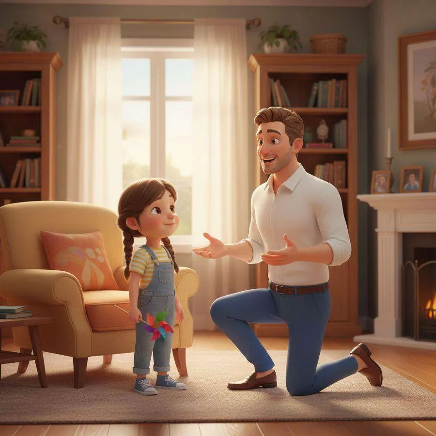 Papá, arrodillado en el salón, le cuenta la sorpresa a Carmen, que le escucha con un molinillo de colores en la mano